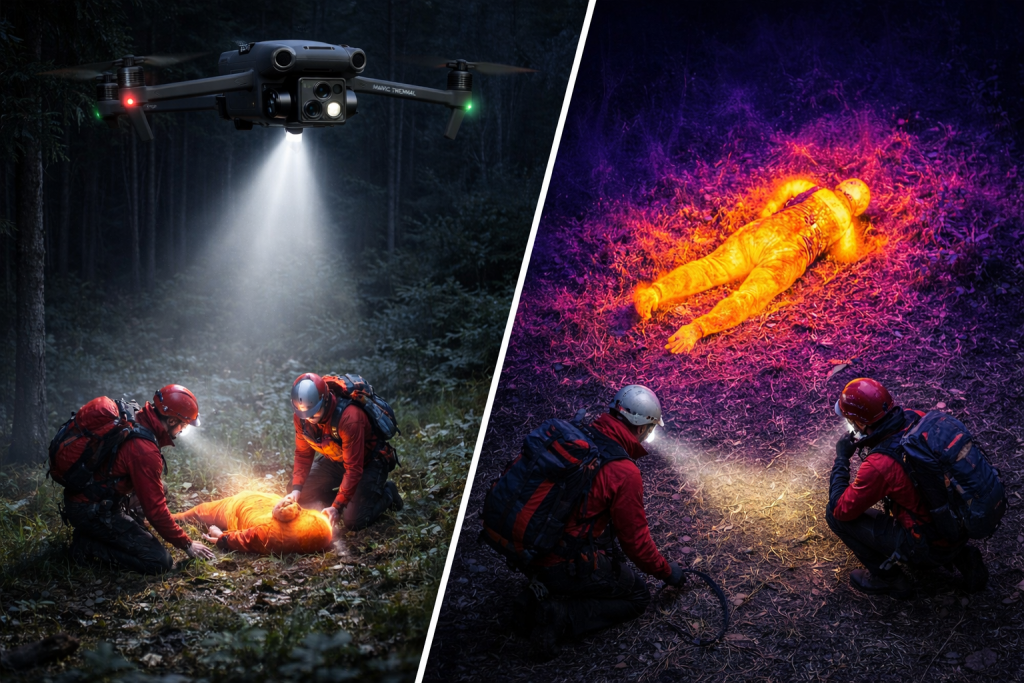 drone avec camera thermique et haut parleur pour la recherche et le secours aux personnes